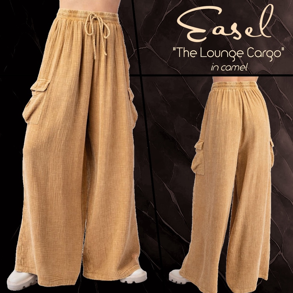 EASEL “The Lounge Cargo” Cotton Mineral Washed Pants Wide Leg Relax Fit Pockets